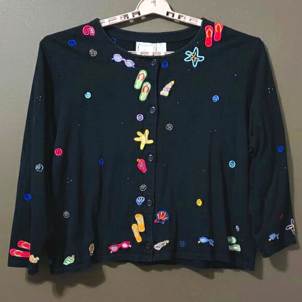Michael Simon Lite Black Full Button Top With Sea Shore and Flip Flops S…